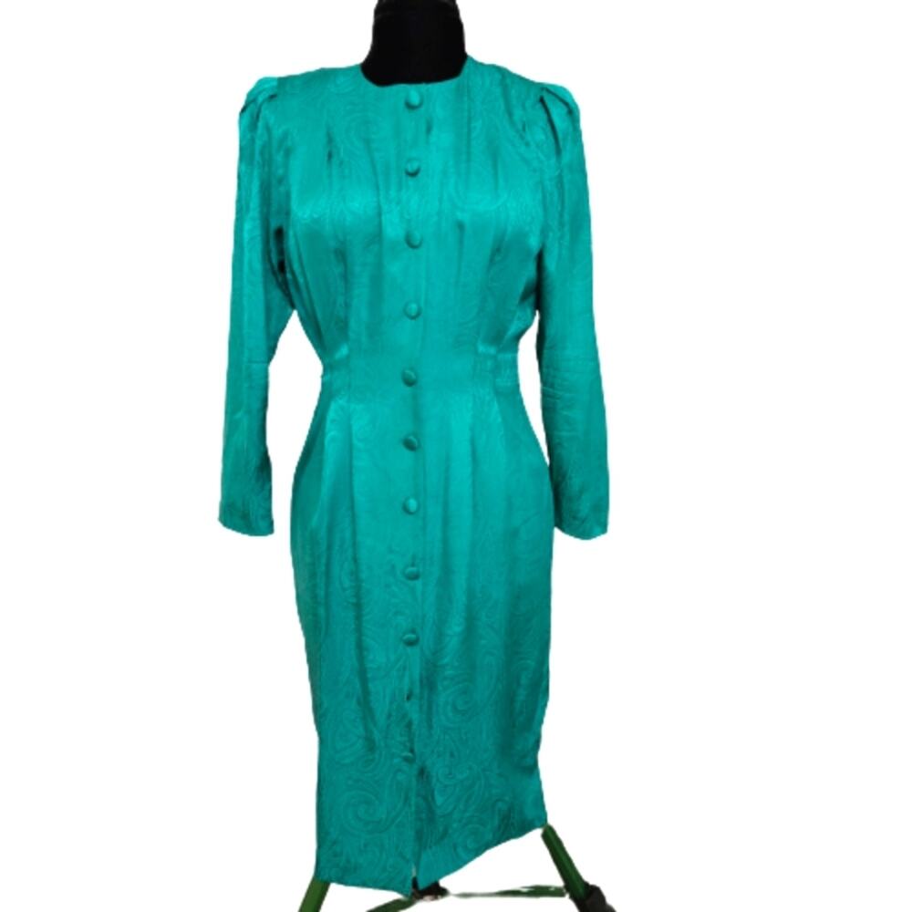 Vintage Adrianna Papell Silk Green Tonal Paisley Print Button Front Midi Dress